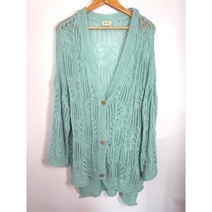 POL Crochet Knit‎ Boho Cardigan Duster Open Weave Button Up Cover Up Aqua Size M